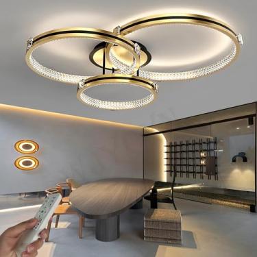 Imagem de Luminária de teto LED dimerizável com anel dourado e controle remoto, ideal para sala de estar, quarto ou escritório (Dourada, 3 chamas, 75 cm de comprimento).