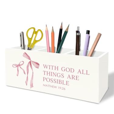 Imagem de TFKFJLF Porta-canetas bíblicas com laço rosa cristão, presentes cristãos para mulheres, coquette versículo bíblico, suporte de caneta, pincel de maquiagem, organizador de madeira, para casa