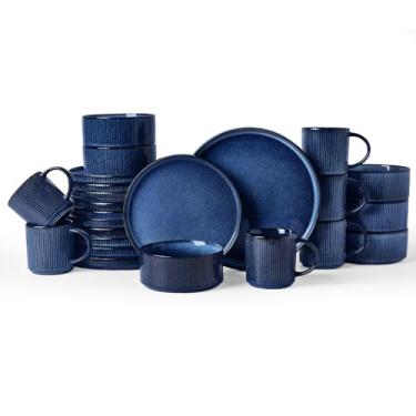 Imagem de Famiware Conjunto de louça Star com canecas, serviço para 6 (24 peças), conjuntos de pratos e tigelas de grés canelados, resistente a lascas e arranhões, seguro para micro-ondas e lava-louças, azul