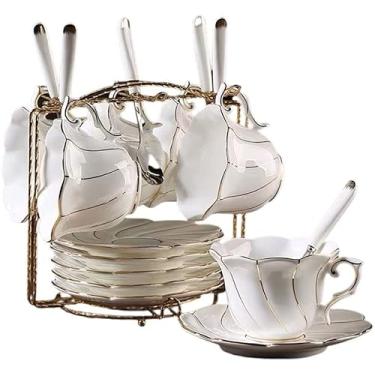 Imagem de Conjunto de Xícaras de Chá Estilo Europeu Conjunto de Chávenas de Chá Real com Pires e Suporte de Metal Conjunto de Chá de Porcelana Branca 227 g Xícaras de Café Britânicas (Tamanho: 6 peças) ()