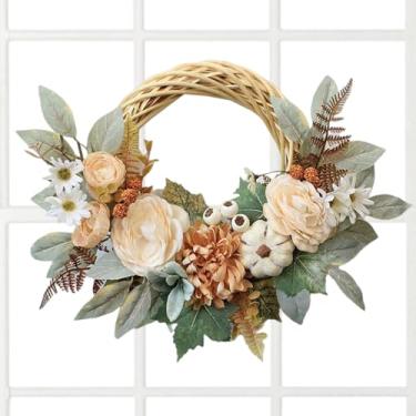 Imagem de Guirlanda de outono | Guirlanda de outono para porta da frente externa, ornamento sazonal festivo de outono artificial de 38 cm com gancho para casa de fazenda, escola, jardim, cornija, hotel, parede