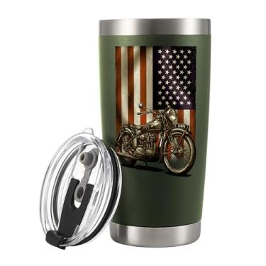 Imagem de Panvola Caneca de viagem retrô com tampa e canudo com bandeira americana para motociclista com tampa e canudo 590 ml (Cáqui, 590 ml)