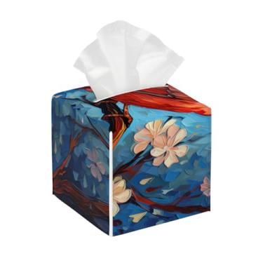 Imagem de Caixa de lenços de couro quadrada à prova d'água animal cardeal flor organizador de papel facial com cinto inferior cubo estojo de lenços para mesa, banheiro, escritório, mesa, carro, decorativo