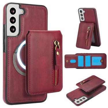 Imagem de Carteira destacável compatível com carregamento sem fio Magsafe para Samsung Galaxy S21 FE capa com suporte para cartão, bolso com zíper, suporte 2 em 1 capa à prova de choque (vinho)