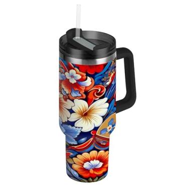 Imagem de Blueangle Copo de cerâmica mexicano de 1,134 g com alça e tampa de palha, caneca de viagem de aço inoxidável isolada a vácuo de parede dupla, garrafa de água reutilizável para academia de escritório