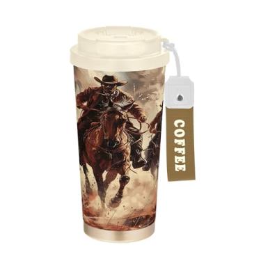 Imagem de SEHANY Caneca de viagem vintage caubói ocidental 482 g xícaras de café reutilizáveis revestidas de cerâmica com tampa à prova de vazamento, parede dupla, isolamento a vácuo, copo de café de aço