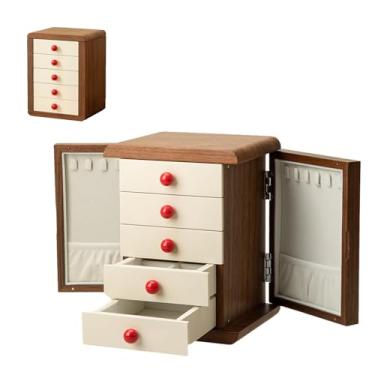 Imagem de HGTRH Organizador de joias de 5 camadas, caixa de armazenamento de joias retrô com portas magnéticas, nogueira, grão de madeira, armário de exibição de joias criativas para anéis, brincos, pulseira