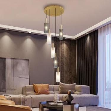 Imagem de Luminária pendente para escada com 8 lâmpadas ajustáveis, luminária de metal com cúpula em formato de colmeia, ideal para ilha de cozinha, hall de entrada de casa, sala de jantar, sala de es