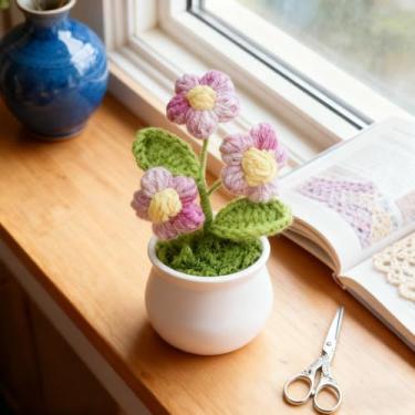 Imagem de 1 peça de flores folhadas de crochê em vaso de plantas, flores coloridas gradientes para amigos, familiares e amantes, flores feitas à mão para decoração de escritório em casa, decoração de carro