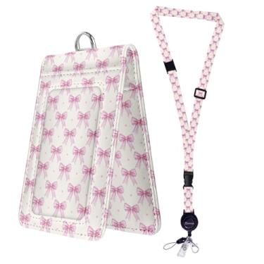Imagem de Bolimoss Cordões de laço rosa para crachás de identificação, lindos porta-crachás de couro PU com janelas de dupla face, cordões de pescoço separáveis com carretel retrátil, cordão ajustável com fecho