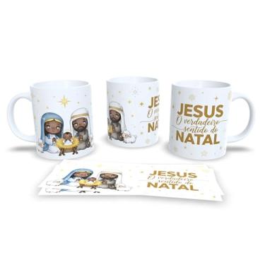 Imagem de Caneca de Cerâmica Branca com Tema Natalino, Design de Presépio, Jesus O Verdadeiro Sentido do Natal, Decoração de Natal com Estrelas Douradas (23167)