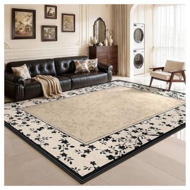 Imagem de SPXMQSS Tapetes florais laváveis, tapete vintage para sala de estar, antiderrapante, pilha baixa, não cai, fácil de limpar para sala de estar, quarto, sala de jantar, escritório em casa - bege preto D