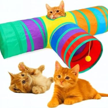 Imagem de Túnel para Gatos com Bolinha, 3 Saídas, Dobrável, Poliéster e Aço, 76x47cm, Estimula Curiosidade e Instinto de Caça