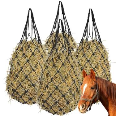 Imagem de Oungy 4 peças de rede de feno para cavalos Rede de feno de alimentação lenta de 101 cm para alimentação mais lenta com furos de 6 cm x 6 cm, alimentador de viagem para cavalos, reboque estável e
