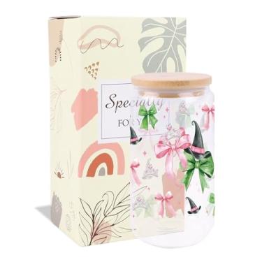 Imagem de AFRITEE Conjunto de presentes engraçados para mulheres - rosa verde laço bruxa copos de vidro fofos com tampas e canudos, Witch Stuff Wicked Stuff presentes de festa para meninas decoração de