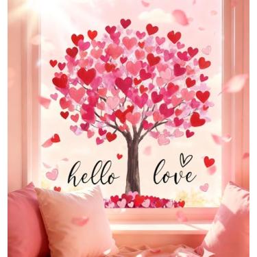 Imagem de 6 folhas adesivos para janela de dia dos namorados, Hello Love, romântico, grande, coração, amor, árvore, decalques reutilizáveis para casa, sala de aula, escritório, decoração de aniversário, festa