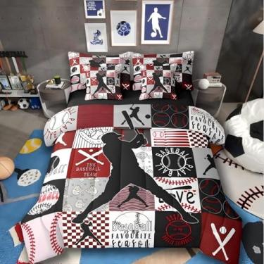 Imagem de Conjunto de edredom esportivo de 7 peças, solteiro, quadriculado geométrico, patchwork, beisebol, jogador de bola, esporte europeu, softball, para meninos, solteiro, vermelho