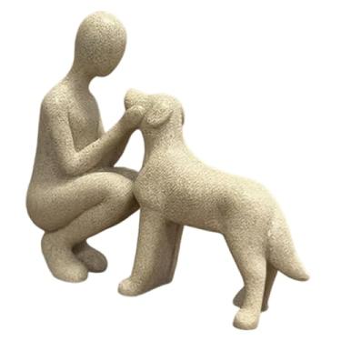 Imagem de Ｂｅｓｇａ Escultura em resina de homem e cachorro, 15,5 x 4,3 x 13,9 cm, ideal para decoração de mesa para donos de animais de estimação, Bege