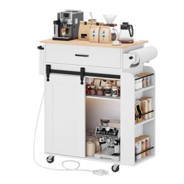 Imagem de YATINEY Ilha de cozinha com armazenamento, armários de armazenamento de cozinha com estação de carregamento, ilha de cozinha sobre rodas, mesa rolante com porta de armário deslizante, branco e natural