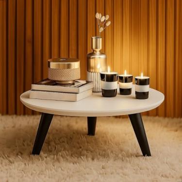 Imagem de Mesa de centro redonda em PVC estilo retrô com pés em formato de fuso, ideal para decoração de salas de estar modernas(Branco/Preto)