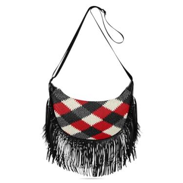 Imagem de CEBUGI Bolsa tiracolo feminina com franjas, borla, vermelha, preta, xadrez, Hobo, bolsa tiracolo com alças ajustáveis