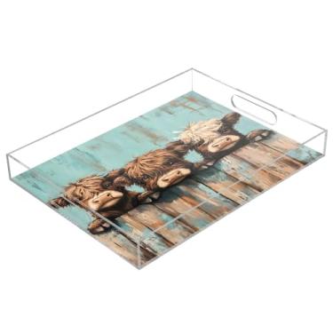 Imagem de STAYTOP Linda bandeja de servir de acrílico Highland Cow 15,7 × 11,20 cm, bandejas decorativas à prova de derramamento, organizador de bancada para café da manhã, chá, comida, maquiagem