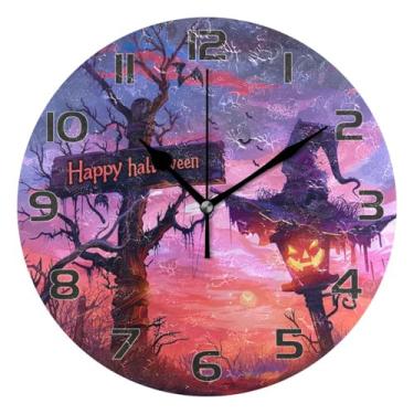 Imagem de YETTASBIN Relógio de parede Happy Halloween, silencioso, sem tique-taque, operado por bateria, relógio redondo decorativo criativo para cozinha, sala de estar, banheiro, decoração de escritório em
