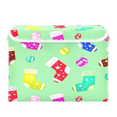 Imagem de Burbuja Caixa de armazenamento colorida de meias de Natal com tampa e alças, grande caixa de armazenamento dobrável para prateleiras armário quarto escritório organizador