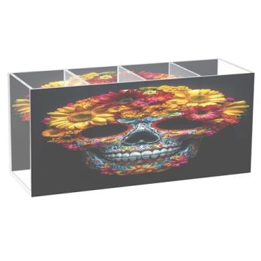 Imagem de Burbuja Porta-canetas de acrílico de caveira mexicana com flores coloridas, 4 compartimentos, suporte de lápis transparente para pincéis de maquiagem, acessórios de mesa de escritório em casa