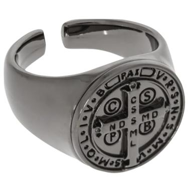 Imagem de Anel Proteção São Bento Medalha Amuleto Religioso Templário Cristão Cruz Romana Católica Masculino Feminino