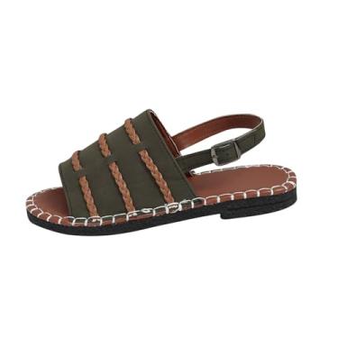 Imagem de Sandálias femininas de praia com sola plana para uso casual no verão, adequadas para uso externo e interno, com design trançado de material PU, Verde militar, 38