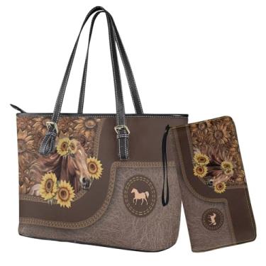 Imagem de Sannovo Conjunto de carteira e bolsa feminina Hobo Bolsa de Ombro com Bolsa Combinando Couro PU Alça Superior Bolsa, Cavalo marrom e girassol