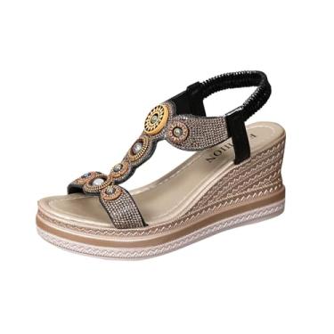 Imagem de Sandália feminina boho, estilo romano, praia, bico redondo, plataforma e salto plataforma para uso casual, verão, caminhada ao ar livre, conforto, Preto, 39