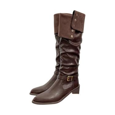 Imagem de Botas femininas de salto grosso, bico fino, acima do joelho, com tubo alto de veludo para uso casual e ao ar livre, Marrom, 36