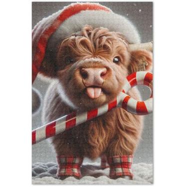Imagem de Quebra-cabeças fofas de vaca Highland Natal 1000 peças para adultos, presentes de festa de elefante branco, quebra-cabeças grandes de arte animal, 75 x 40 cm