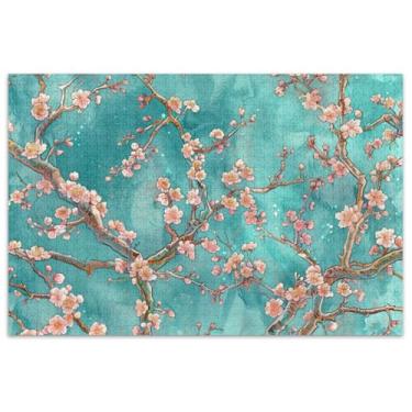 Imagem de Quebra-cabeça de flores de cerejeira rosa azul-petróleo 500 peças para adultos família elefante branco presentes quebra-cabeças legais para adultos pintura artística