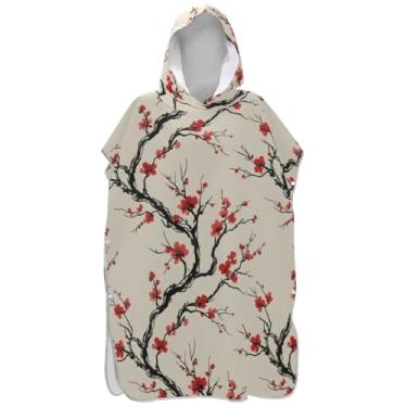 Imagem de Joisal Poncho de surf reutilizável para adultos trocador de roupa de praia com capuz toalha de banho ramos de flor de cerejeira ponchos femininos com capuz