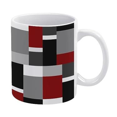 Imagem de Sem costura, vermelho, cinza, preto e branco retângulos estilo moderno copo de cerâmica branca, caneca de chá de 325 ml, caneca de café, caneca de leite, copo de cerâmica para escritório em casa, café