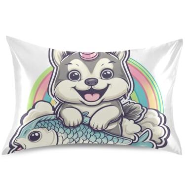 Imagem de Capas de almofada de cetim com desenho de peixe fofo de cachorro para travesseiros refrescantes de cabelo capas padrão queen king size padrão presentes modernos roupa de cama, tamanho king, 101,6 cm x