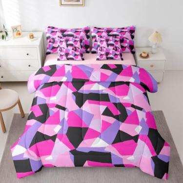 Imagem de Erosebridal Jogo de edredom King geométrico rosa e preto em uma bolsa, moderno, criativo, reversível, losango, diamante, triângulo, lençol com elástico, respirável, leve