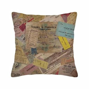 Imagem de Husandy Capas de almofada coloridas bagagem vintage viagem feitas de muitos bilhetes antigos passes de embarque recepção de hotel e outros documentos fronha de almofada 45,7 x 45,7 cm capa de almofada