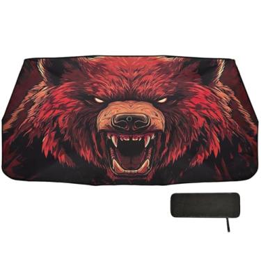 Imagem de Guarda-chuva de para-brisa vermelho com urso feroz proteção de isolamento térmico 147.3 cm x 75.4 cm protetor solar para janelas de carro