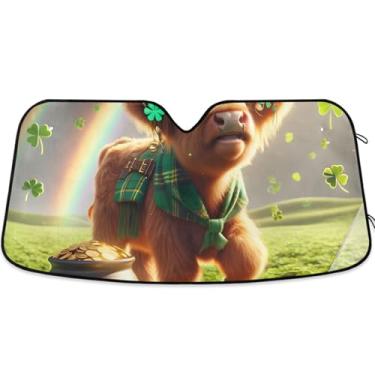 Imagem de St Patrick Highland Cow Toldo de sol personalizado fofo para para-brisa de carro Engraçado Retrátil Dobrável Carros Persianas para Janelas Frontais Automotivo Floral L, 144,8 cm x 80 cm