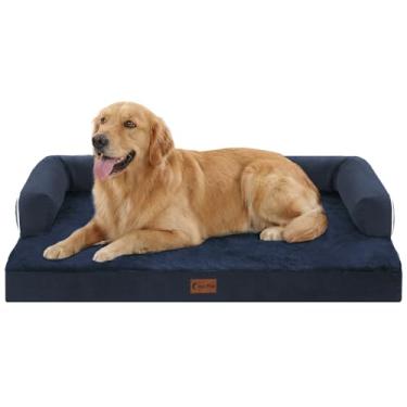 Imagem de Casa Paw Camas ortopédicas para cães extragrande, à prova d'água, espuma para ovos, GG, com laterais 104 x 68 cm, sofá-cama lavável para cães grandes com capa removível e fundo antiderrapante, azul