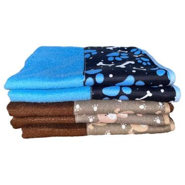 Imagem de Kit 5 Peças Toalha de Banho Pet Alta Absorção, 70x100cm, Material Poliéster e Algodão, Secagem Rápida, para Cães e Gatos de Todos os Portes (3 Marrom e 2 Azul)