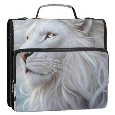 Imagem de 3 fichários para fichários de 3 cm Anel D branco com impressão de juba de leão com zíper, fichário organizador com alça, bolsa escolar de ensino médio, portfólio de documentos e estojo, suporte de