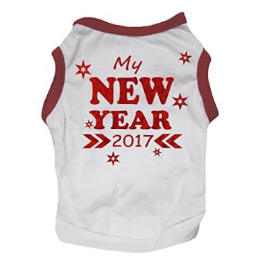 Imagem de Petitebella Camiseta para cachorro vestido de cachorro My New Year 2017 estrela vermelha branca (XP)