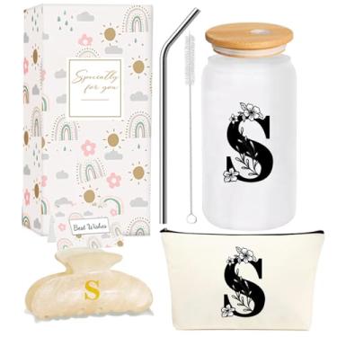 Imagem de 4MELLY Copo de vidro com inicial monograma, presentes personalizados para mulheres, copos de vidro de 473 ml, canudos, aniversário, Natal, Dia das Mães, presente para ela