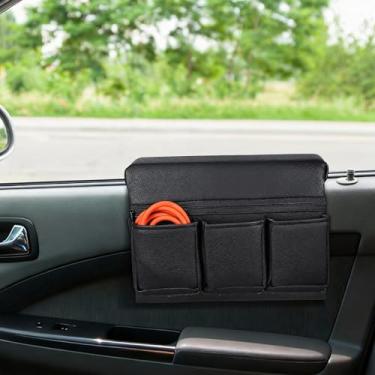 Imagem de HOMSFOU Organizador de almofada de apoio de braço de carro de couro - Almofada de console central universal com bolso de armazenamento, suporte de copo para conforto do veículo e armazenamento interno