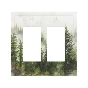 Imagem de Nadoabtm Capas de tomada decorativas floresta verde pintura aquarela pinheiro nebuloso 2 gangues duplo GFCI balancim painéis elétricos de parede placa de cobertura para decoração de quarto e sala de